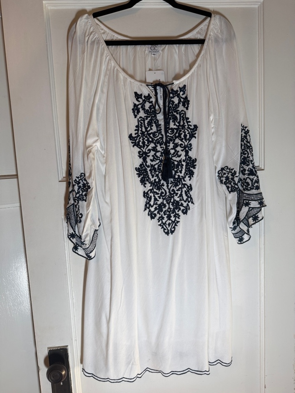 Chic Connection Cotton Blend White Dress with Navy Embroidered Detail & Tassles